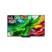 LG 65 -palcový LG QNED evo AI QNED87 MiniLED 4K Smart TV 2025,  Pohľad spredu na LG QNED evo QNED92 TV, logo LG QNED evo AI v hornom rohu. Na televízore LG QNED evo QNED92 TV sa zobrazujú farebné textúry pripomínajúce maľbu, ktoré sa spájajú., 65QNED87A6B, thumbnail 1