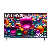 LG 55 palcový LG UHD AI UA74 4K Smart TV 2025, Pohľad spredu na UHD UA74 TV, logo LG UHD AI v hornom rohu. Na televízore LG UHD TV sa zobrazujú farebné textúry pripomínajúce maľbu, ktoré sa spájajú., 55UA74006LB, thumbnail 1