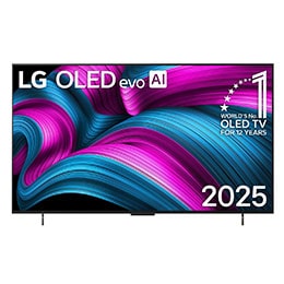 Pohľad spredu na LG OLED evo AI C5 4K Smart TV. Na obrazovke sa zobrazuje emblém 12 rokov svetovej jednotky v OLED a logo LG OLED evo AI 2025.2