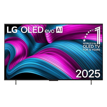 Pohľad spredu na LG OLED evo AI C5 4K Smart TV. Na obrazovke sa zobrazuje emblém 12 rokov svetovej jednotky v OLED a logo LG OLED evo AI 2025.1