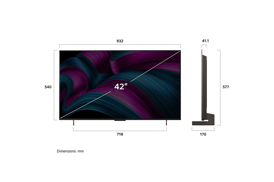 LG 42 palcový televízor LG OLED evo AI C5 4K Smart TV 2025, Pohľad spredu a z boku na LG OLED evo AI C5 4K Smart TV, kde sa zobrazuje jeho dĺžka, šírka, výška a hĺbka., OLED42C5ELB, thumbnail 4