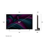 LG 42 palcový televízor LG OLED evo AI C5 4K Smart TV 2025, Pohľad spredu a z boku na LG OLED evo AI C5 4K Smart TV, kde sa zobrazuje jeho dĺžka, šírka, výška a hĺbka., OLED42C5ELB, thumbnail 4