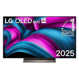 Pohľad spredu na LG OLED evo AI C5 4K Smart TV. Na obrazovke sa zobrazuje emblém 12 rokov svetovej jednotky v OLED a logo LG OLED evo AI 2025.2