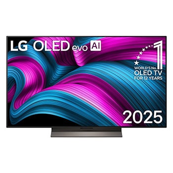 Pohľad spredu na LG OLED evo AI C5 4K Smart TV. Na obrazovke sa zobrazuje emblém 12 rokov svetovej jednotky v OLED a logo LG OLED evo AI 2025.1