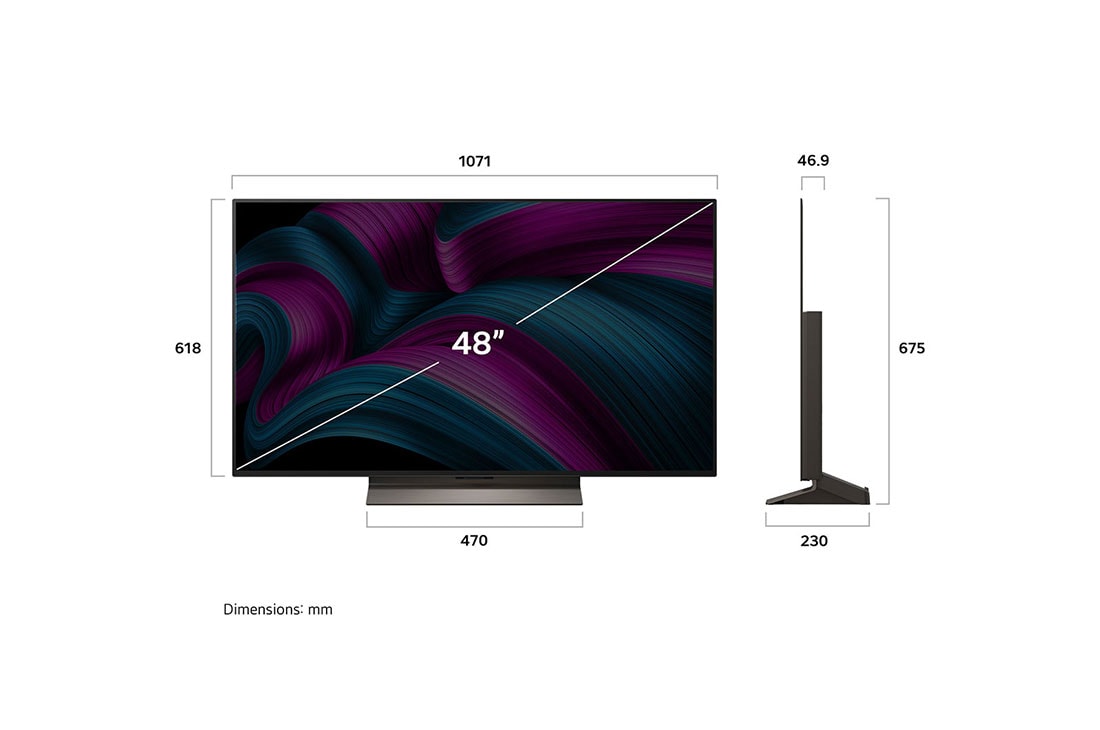 LG 48 palcový televízor LG OLED evo AI C5 4K Smart TV 2025, Pohľad spredu a z boku na LG OLED evo AI C5 4K Smart TV, kde sa zobrazuje jeho dĺžka, šírka, výška a hĺbka., OLED48C5ELB, thumbnail 4