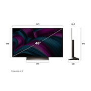 LG 48 palcový televízor LG OLED evo AI C5 4K Smart TV 2025, Pohľad spredu a z boku na LG OLED evo AI C5 4K Smart TV, kde sa zobrazuje jeho dĺžka, šírka, výška a hĺbka., OLED48C5ELB, thumbnail 4