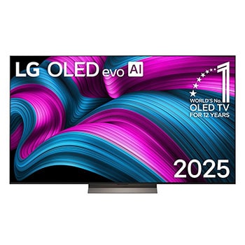 Pohľad spredu na LG OLED evo AI C5 4K Smart TV. Na obrazovke sa zobrazuje emblém 12 rokov svetovej jednotky v OLED a logo LG OLED evo AI 2025.1