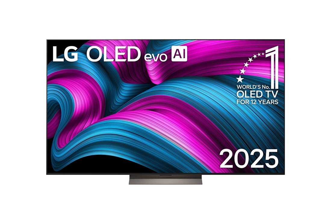 LG 77 palcový televízor LG OLED evo AI C5 4K Smart TV 2025, Pohľad spredu na LG OLED evo AI C5 4K Smart TV. Na obrazovke sa zobrazuje emblém 12 rokov svetovej jednotky v OLED a logo LG OLED evo AI 2025., OLED77C5ELB