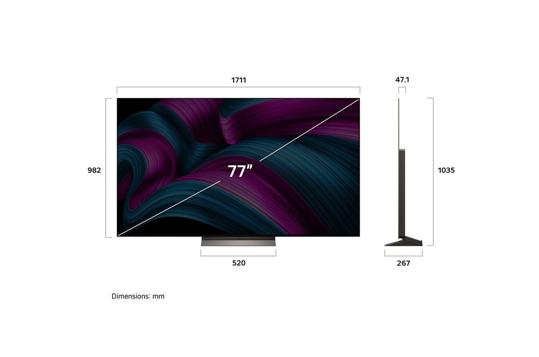 LG 77 palcový televízor LG OLED evo AI C5 4K Smart TV 2025, Pohľad spredu a z boku na LG OLED evo AI C5 4K Smart TV, kde sa zobrazuje jeho dĺžka, šírka, výška a hĺbka., OLED77C5ELB, thumbnail 4