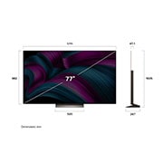 LG 77 palcový televízor LG OLED evo AI C5 4K Smart TV 2025, Pohľad spredu a z boku na LG OLED evo AI C5 4K Smart TV, kde sa zobrazuje jeho dĺžka, šírka, výška a hĺbka., OLED77C5ELB, thumbnail 4