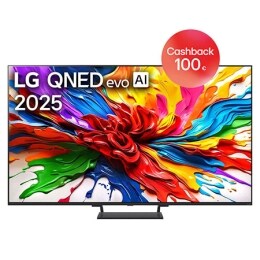 Pohľad spredu na televízor LG QNED evo QNED92, logo LG QNED evo Al v hornom rohu. Na televízore LG QNED evo QNED92 sa zobrazujú farebné textúry pripomínajúce maľbu, ktoré sa spájajú.2