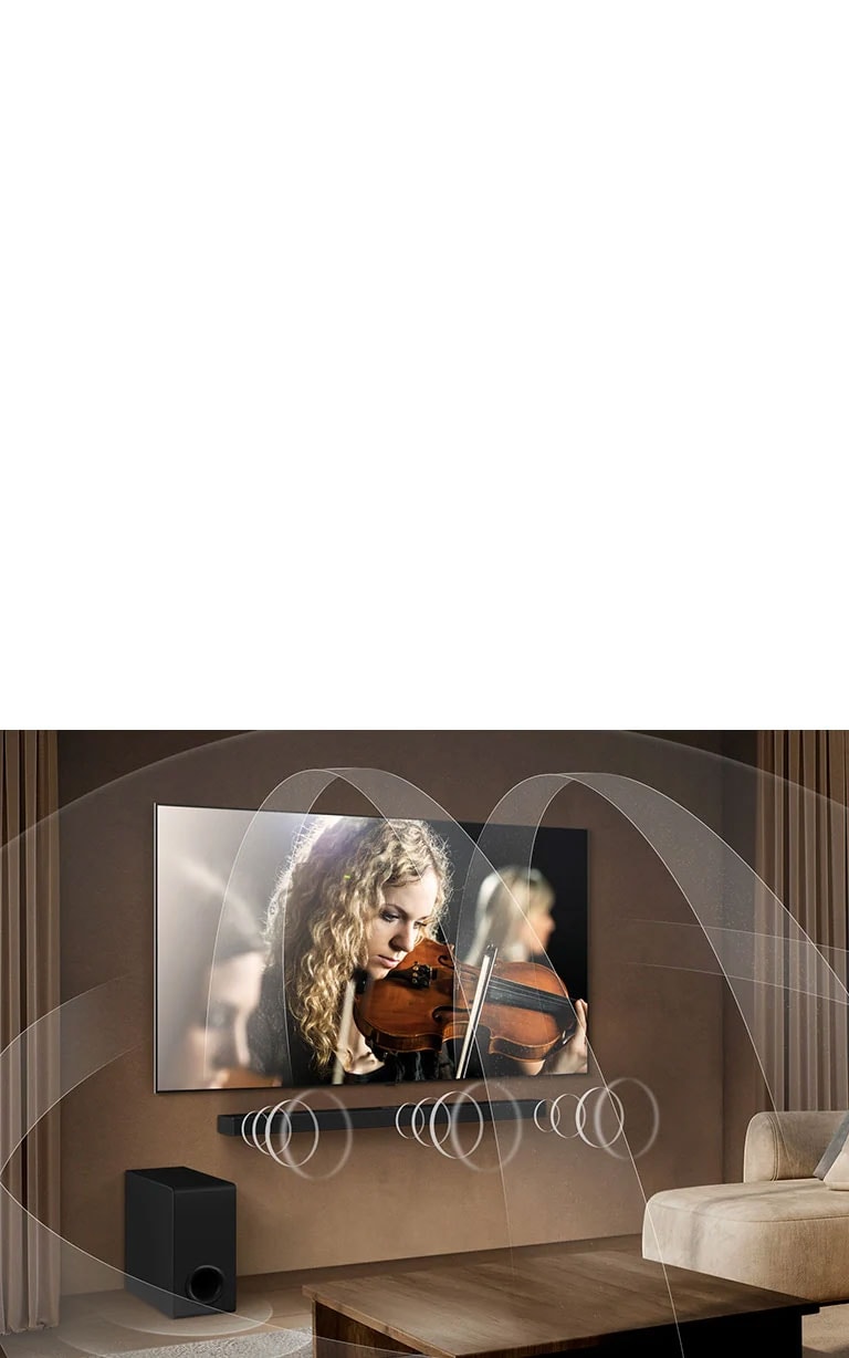 Obývacia izba s televízorom LG OLED TV a soundbarom LG Soundbar s grafikou, ktorá ukazuje, ako obe zariadenia vypĺňajú priestor viackanálovým priestorovým zvukom.