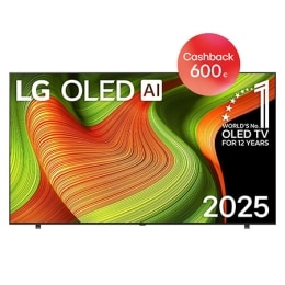Pohľad spredu na LG OLED AI B5 4K Smart TV. Na obrazovke je znak 12 rokov svetová jednotka v OLED a logo LG OLED AI 2025.