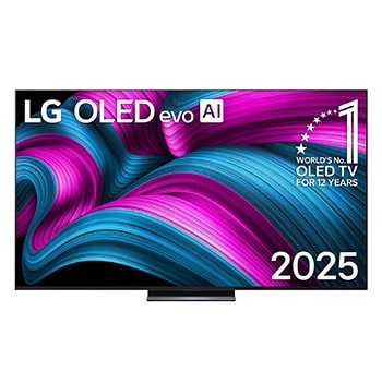 Pohľad spredu na LG OLED evo AI C5 4K Smart TV. Na obrazovke sa zobrazuje emblém 12 rokov svetovej jednotky v OLED a logo LG OLED evo AI 2025.1