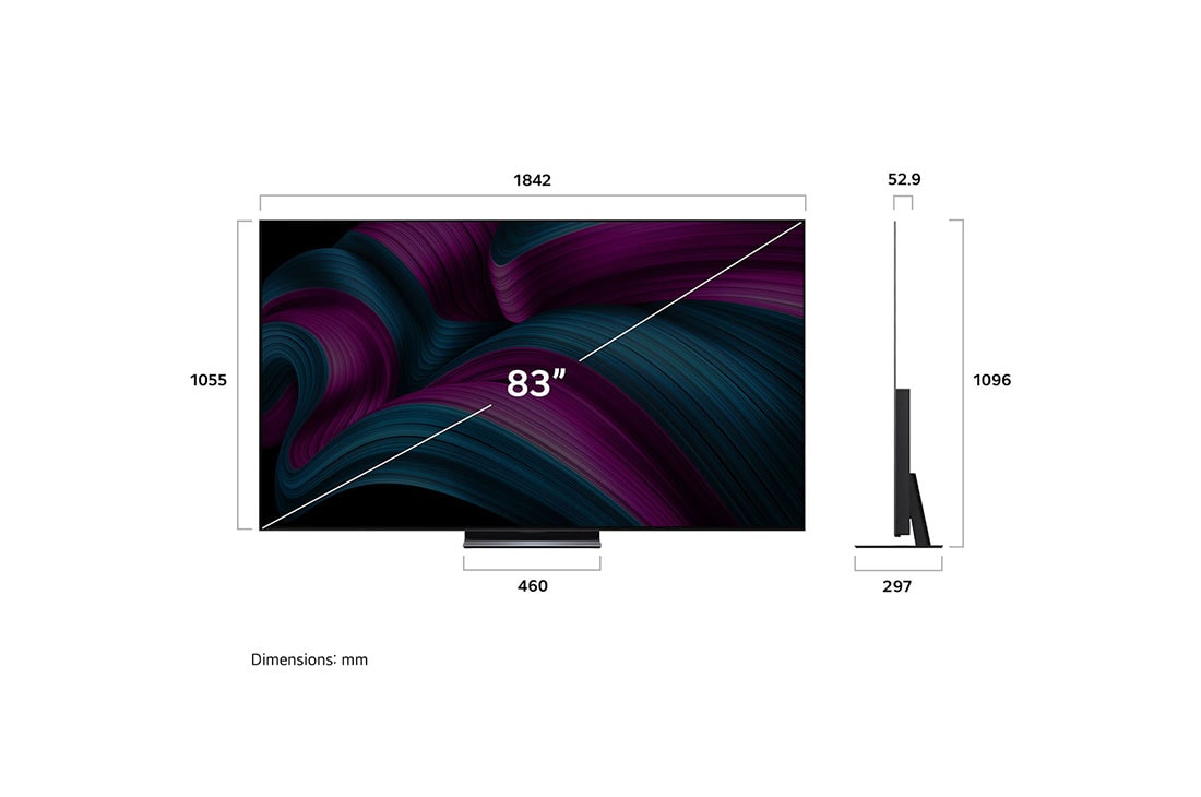 LG 83 palcový televízor LG OLED evo AI C5 4K Smart TV 2025, Pohľad spredu a z boku na LG OLED evo AI C5 4K Smart TV, kde sa zobrazuje jeho dĺžka, šírka, výška a hĺbka., OLED83C5ELA, thumbnail 4