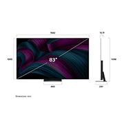 LG 83 palcový televízor LG OLED evo AI C5 4K Smart TV 2025, Pohľad spredu a z boku na LG OLED evo AI C5 4K Smart TV, kde sa zobrazuje jeho dĺžka, šírka, výška a hĺbka., OLED83C5ELA, thumbnail 4