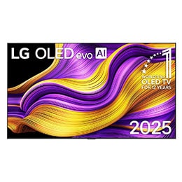 Pohľad spredu na LG OLED evo AI G5 4K Smart TV. Na obrazovke sa zobrazuje emblém 12 rokov svetovej jednotky v OLED a logo LG OLED evo AI 2025.