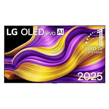 Pohľad spredu na LG OLED evo AI G5 4K Smart TV. Na obrazovke sa zobrazuje emblém 12 rokov svetovej jednotky v OLED a logo LG OLED evo AI 2025.