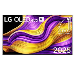 Pohľad spredu na LG OLED evo AI G5 4K Smart TV. Na obrazovke sa zobrazuje emblém 12 rokov svetovej jednotky v OLED a logo LG OLED evo AI 2025.2