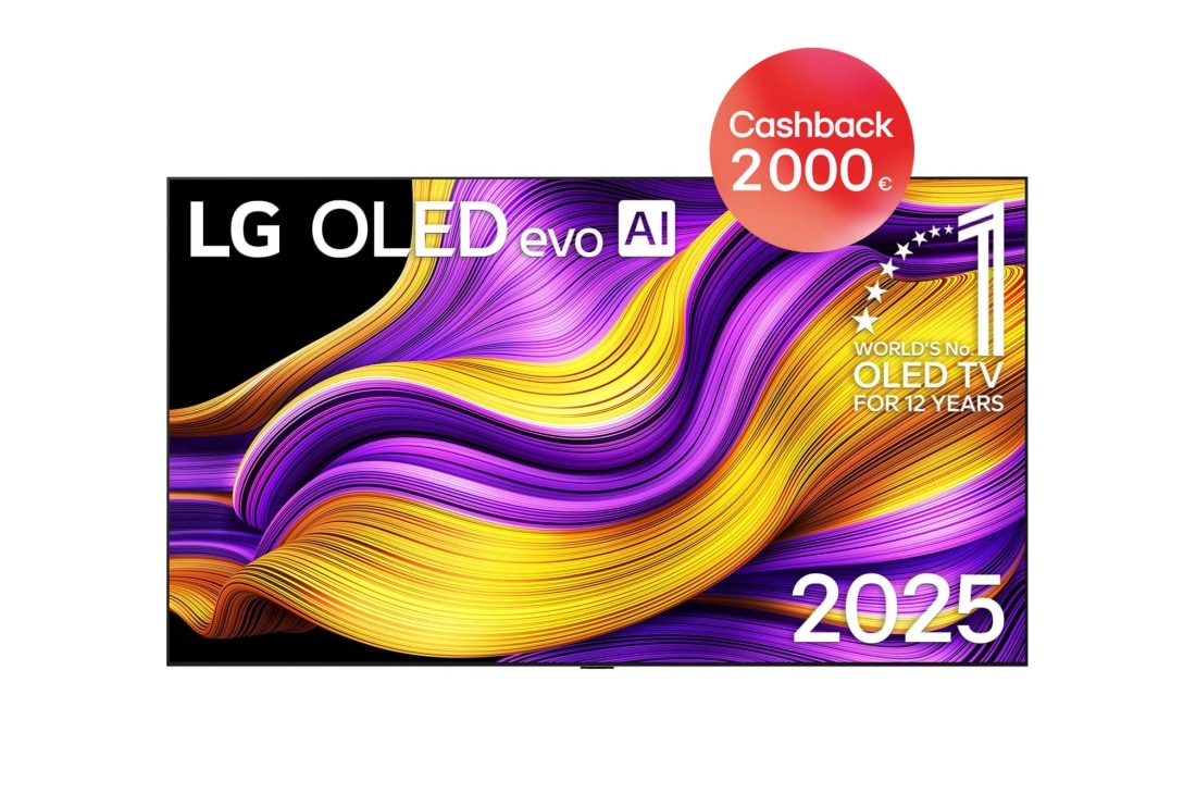 LG 97 palcový LG OLED evo AI G5 4K Smart TV 2025, Pohľad spredu na LG OLED evo AI G5 4K Smart TV. Na obrazovke sa zobrazuje emblém 12 rokov svetovej jednotky v OLED a logo LG OLED evo AI 2025., OLED97G54LW