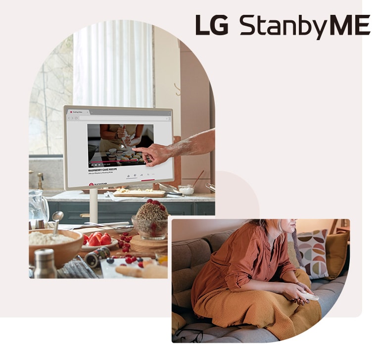 Jeden obrázok naľavo vyobrazuje zblízka televízor umiestnený v kuchyni – muž sa dotýka obrazovky pri varení. Ďalší obrázok napravo vyobrazuje ženu pozerajúcu televízor, pričom v rukách drží diaľkový ovládač.