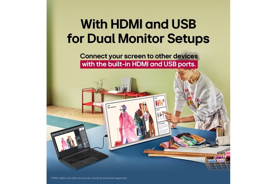 LG 27-palcová super prenosná dotyková obrazovka LG StanbyME 2, LG StanbyME 2. Ruka, ktorá interaguje s dotykovou obrazovkou, pričom ukazuje, ako jednoducho sa používa. Text opisuje možnosť jednoduchého pripojenia obrazovky k ďalším zariadeniam. , 27LX6TDGA, thumbnail 6