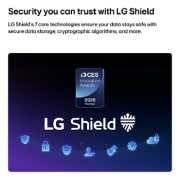 LG 65-palcový televízor LG QNED evo AI QNED80 Mini LED 4K Smart TV 2026, Technológia LG Shield, aplikovaná na model LG QNED evo AI QNED80 Mini LED, sa zobrazuje s logom LG Shield v strede, bezpečnostnými ikonami nižšie a logom 2026 CES Innovation Awards Honoree vyššie, čo , 65QNED80B6B, thumbnail 7