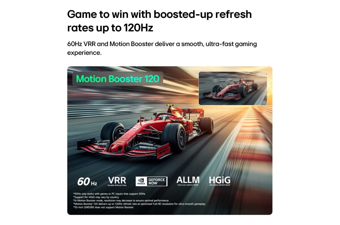 LG 65-palcový televízor LG QNED evo AI QNED80 Mini LED 4K Smart TV 2026, LG QNED evo AI QNED80 Mini LED pre dokonalé hranie zobrazuje rýchlu scénu pretekov s vloženým oknom na porovnanie, ktoré zvýrazňuje plynulejší pohyb prostredníctvom funkcie Motion Booster 120 a súčasn, 65QNED80B6B, thumbnail 11