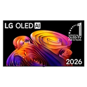 Predný pohľad na televízor LG OLED AI B6E, uvedený v roku 2026. Má tenký čierny rám a živý obraz bohato vrstvených, viacfarebných foriem vyplňujúcich obrazovku.1