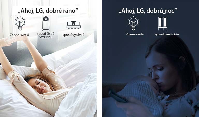 Žena prebúdzajúca sa ráno v posteli (vľavo) a s dieťaťom v noci (vpravo)