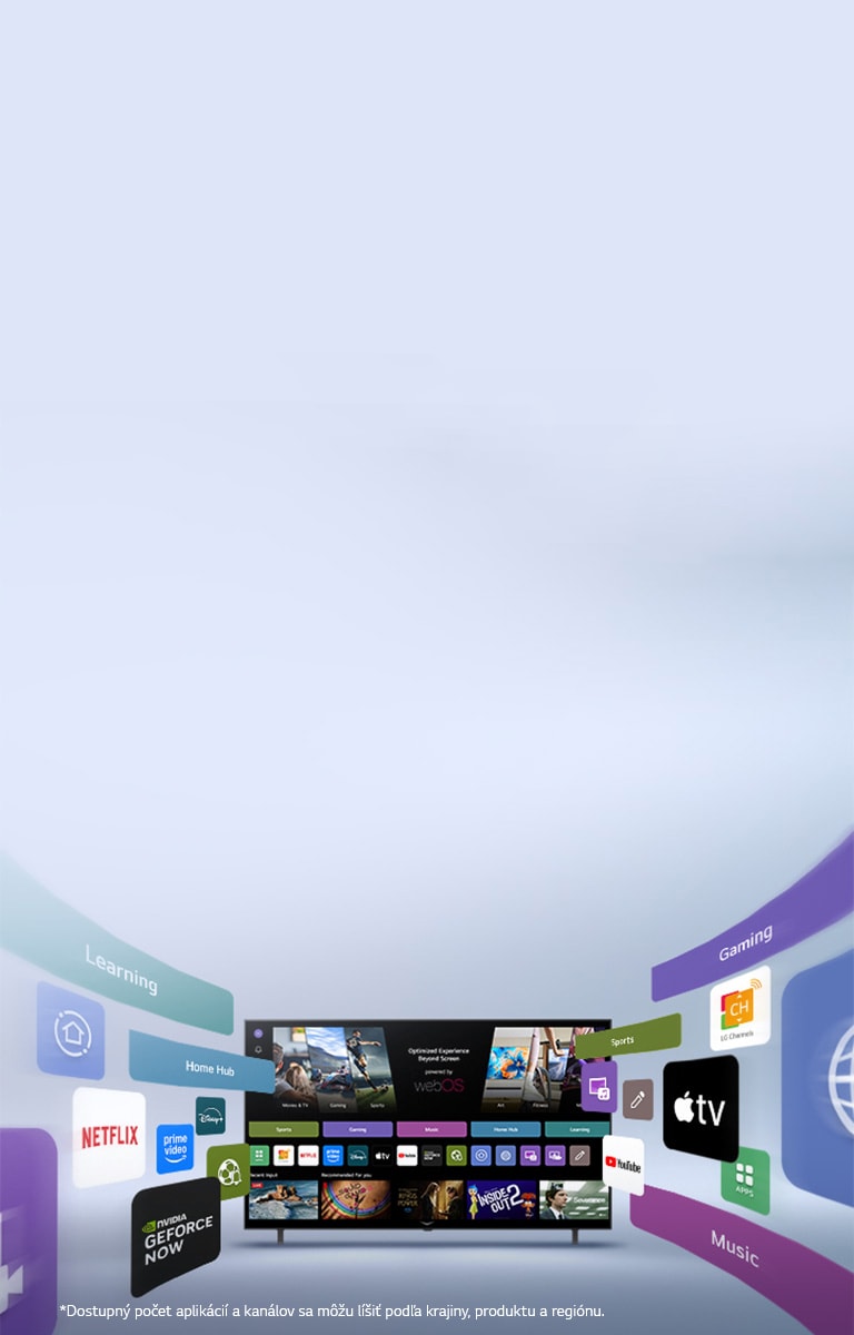 LG Smart TV zobrazuje domovskú stránku webOS s aplikáciami pre zábavu a UI prvkami LG Channels, ktoré sa dynamicky rozširujú a zdôrazňujú viac než 4000 globálnych aplikácií a kanálov.