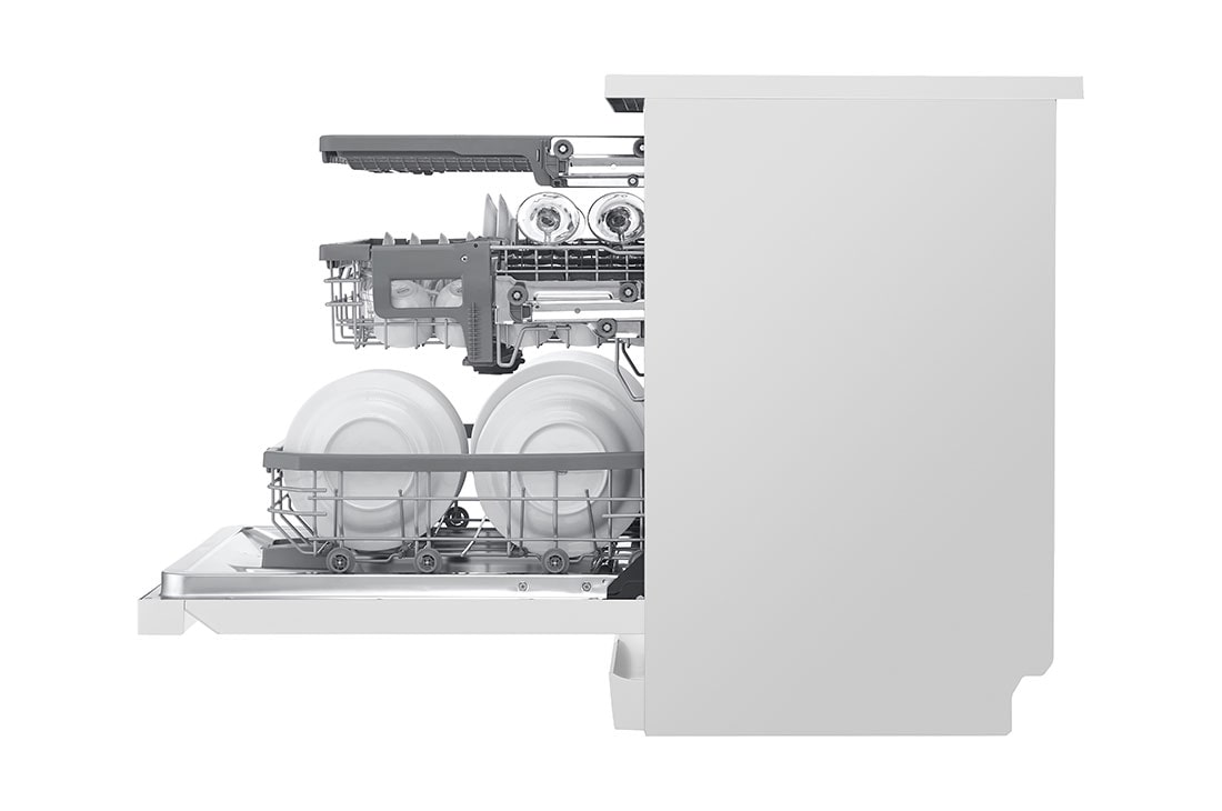 LG Voľne stojaca parná umývačka riadu LG | B | Inverter Direct Drive™ motor | True Steam™, side view with door open and utensils stored, DF965FWS, thumbnail 11