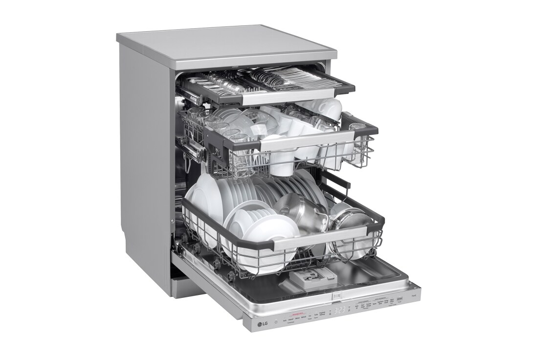 LG Voľne stojaca parná umývačka riadu LG| A | 14 súprav riadu QuadWash™ | Strieborná prime, left View open, DF587HVS, thumbnail 6