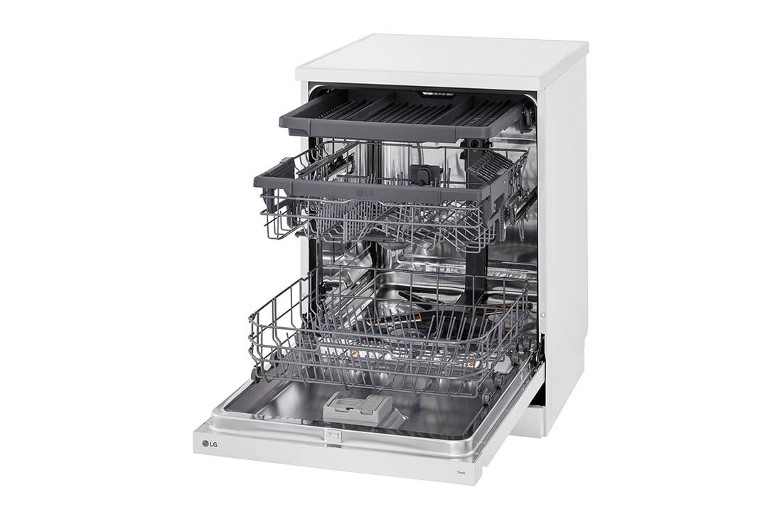 LG Voľne stojaca parná umývačka riadu LG | A | Inverter Direct Drive™ motor | True Steam™, side view with door open and utensils stored, DF273FWS, thumbnail 11