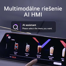 Výber ponuky kávy s výzvou asistenta AI, interakcia používateľa s dotykovým rozhraním poháňaným multimodálnym riešením HMI s umelou inteligenciou