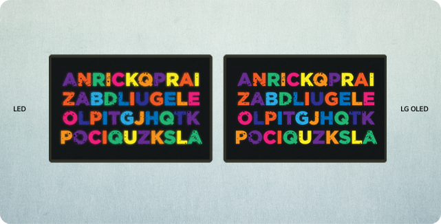 LED televízor je zobrazený vedľa OLED televízora. Na obrazovkách sa zobrazujú farebné písmená, ktoré sa následne zoradia a vytvoria modrý text „MODRÉ SVETLO“. Na LED televízore modré svetlo žiari, ale na OLED televízore je stlmené.