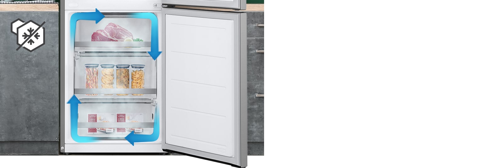 Congélateur sans givre avec refroidissement uniforme et circulation d'air froid pour garder les aliments frais dans tous les coins.