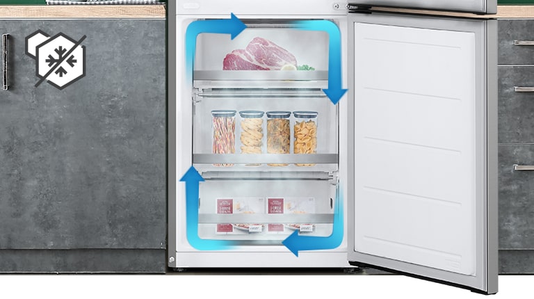 Congélateur sans givre avec refroidissement uniforme et circulation d'air froid pour garder les aliments frais dans tous les coins.