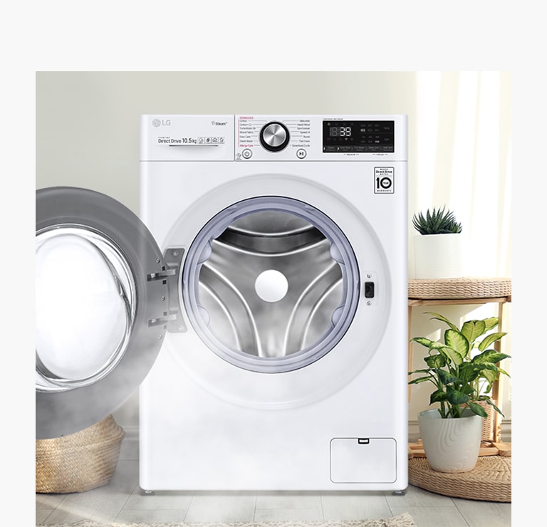 Vue frontale d’un lave-linge avec son hublot ouvert