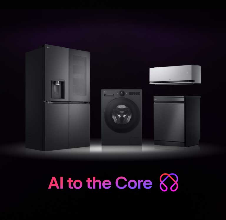 Le réfrigérateur, la machine à laver, le climatiseur et le lave-vaisselle LG sont centrés avec un éclairage subtil. En bas, le texte «&nbsp;AI to the Core&nbsp;» avec le symbole 2d LG AI est affiché.