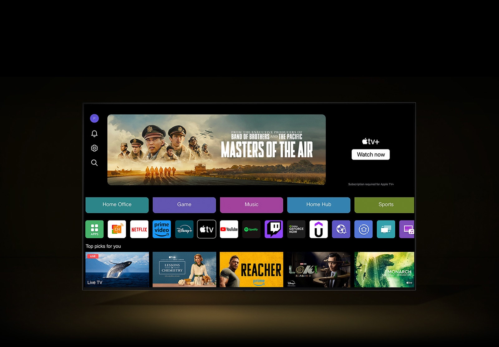 L'écran d'accueil du streaming affiche toutes les applications, catégories et contenus recommandés.