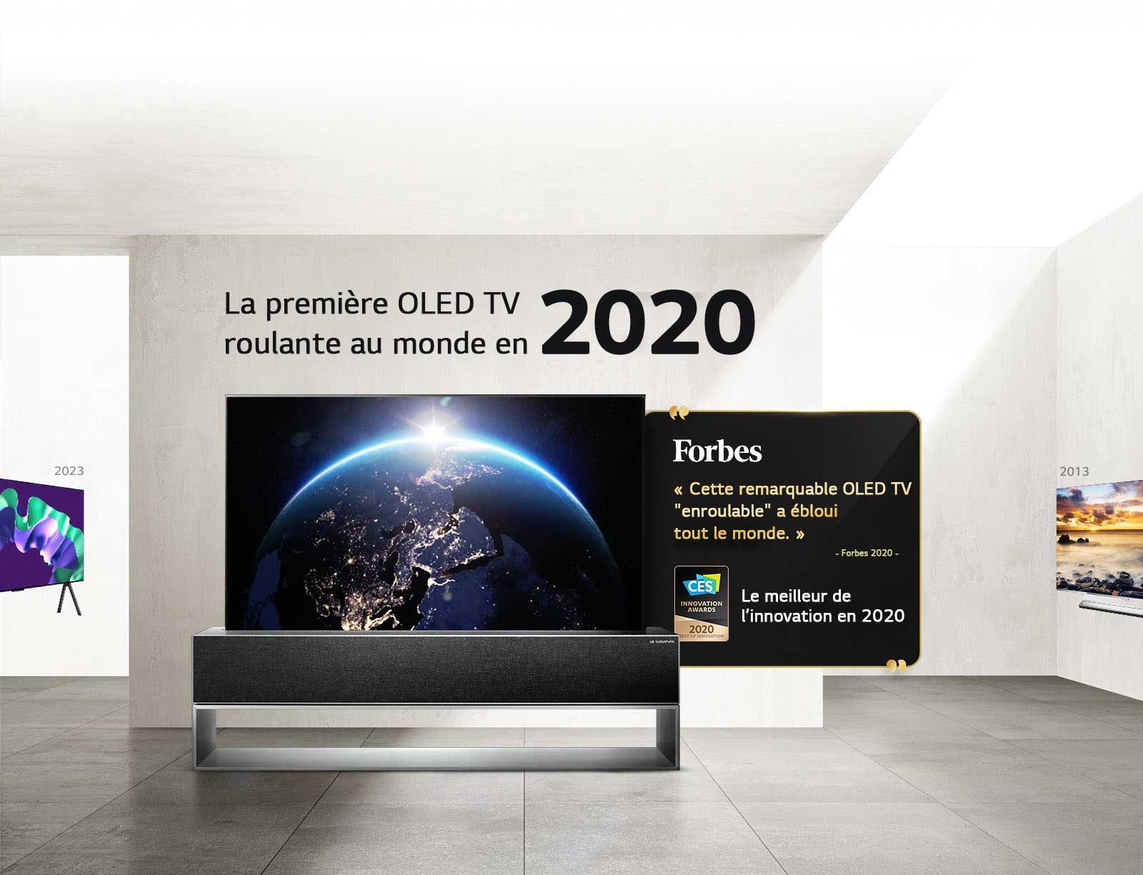 LG TV. Titre lu : La première OLED TV roulante au monde en 2020. Citations de prix à côté. Forbes, cette remarquable OLED TV roulante a ébloui tout le monde. Prix du Meilleur de l’innovation des CES Innovation Awards en 2020.