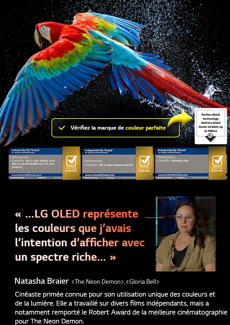 Perroquet coloré en ultra haute définition sur un fond noir. On voit des gouttes d’eau suspendues dans l’air tout autour. L’image présente la technologie Perfect Color, car chaque couleur différente du corps du perroquet est dynamique et éclatante. Le fond sombre avec les éclaboussures d’eau détaillées met également en valeur la protection de l’écran contre les reflets. Différentes certifications de logo UL et Intertek sont visibles. Celles-ci font référence aux technologies 100&nbsp;% de fidélité des couleurs, Volume de couleurs à 100&nbsp;% et à sa certification sans reflet. Le texte est également visible, vérifiez le logo de certification Perfect Color.