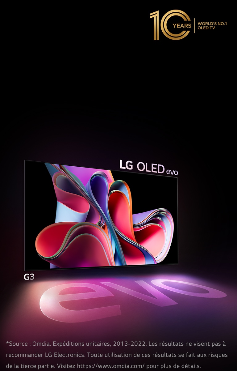 Image du LG OLED G3 sur un fond noir montrant une œuvre d’art abstraite rose vif et violette. L’écran projette une ombre colorée sur laquelle figure le mot « evo ». Le logo « Le numéro 1 mondial des téléviseurs OLED depuis 10 ans » se trouve en haut et à gauche de l’image. 