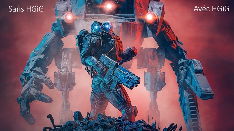 Image montrant la moitié gauche d’une image sans HGiG tandis que la moitié droite est avec HGiG pour montrer le contraste.