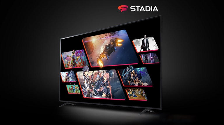 Image montrant GFORCE NOW et STADIA sur deux téléviseurs UHD de LG distincts, avec des émissions et des jeux.