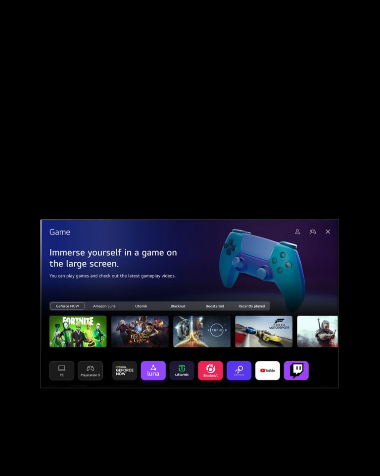 L’écran d’une LG TV affiche « Mon profil ». Dans le tiers supérieur, une bannière pour « Tangible Wonders ». Sous la bannière, les boutons suivants sont affichés : Home Hub, Sports, Game, Accessibility, Home Office. Sous les boutons, les logos suivants sont affichés : LG Channels, Netflix, Prime Video, Disney+, Apple TV, YouTube, Spotify, Twitch, GeForce Now et Udemy. Sous les logos, 5 vignettes de films sont affichées sous le texte « Nos meilleures sélections pour vous ». Un curseur clique sur l’initiale « S » dans le coin supérieur gauche. Un menu déroulant « Compte LG » s’ouvre et cinq noms s’affichent. Le curseur clique sur le deuxième nom lorsque les vignettes et le contenu recommandé à l’écran changent.