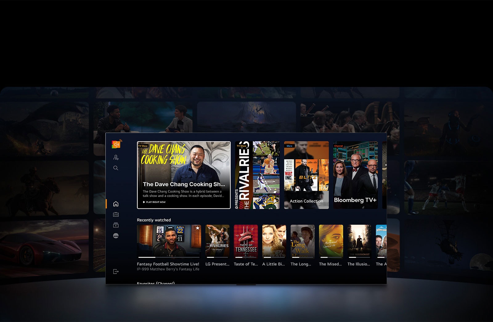 Une LG TV au premier plan montrant une sélection de vignettes de films et d’émissions de télévision. Les textes « Action Collection », « Bloomberg TV+ » et « Récemment regardé » figurent dans l’image. L’espace devant la TV est légèrement éclairé comme s’il s’agissait de la lumière de la TV. Derrière la TV, dans l’obscurité, se trouvent d’autres vignettes de films et d’émissions de télévision.
