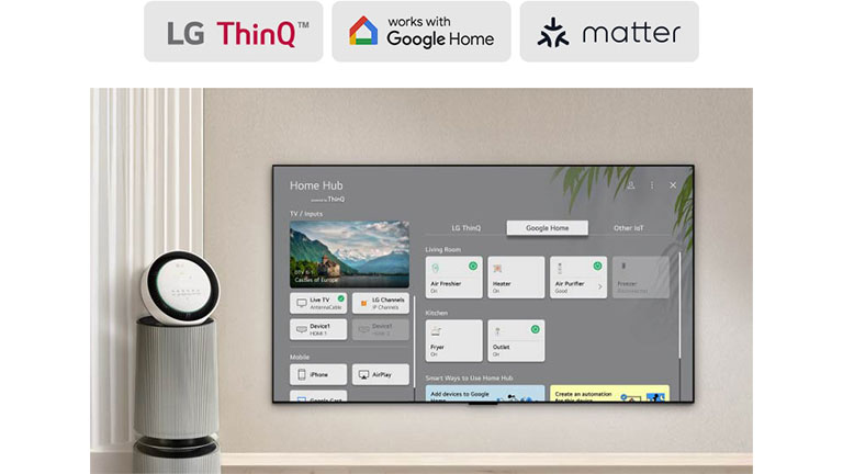 LG TV avec Home Hub à l’écran. L’interface utilisateur présente Google Home, ThinQ et d’autres IoT montrant comment vous pouvez facilement gérer tous vos appareils intelligents sur votre TV.