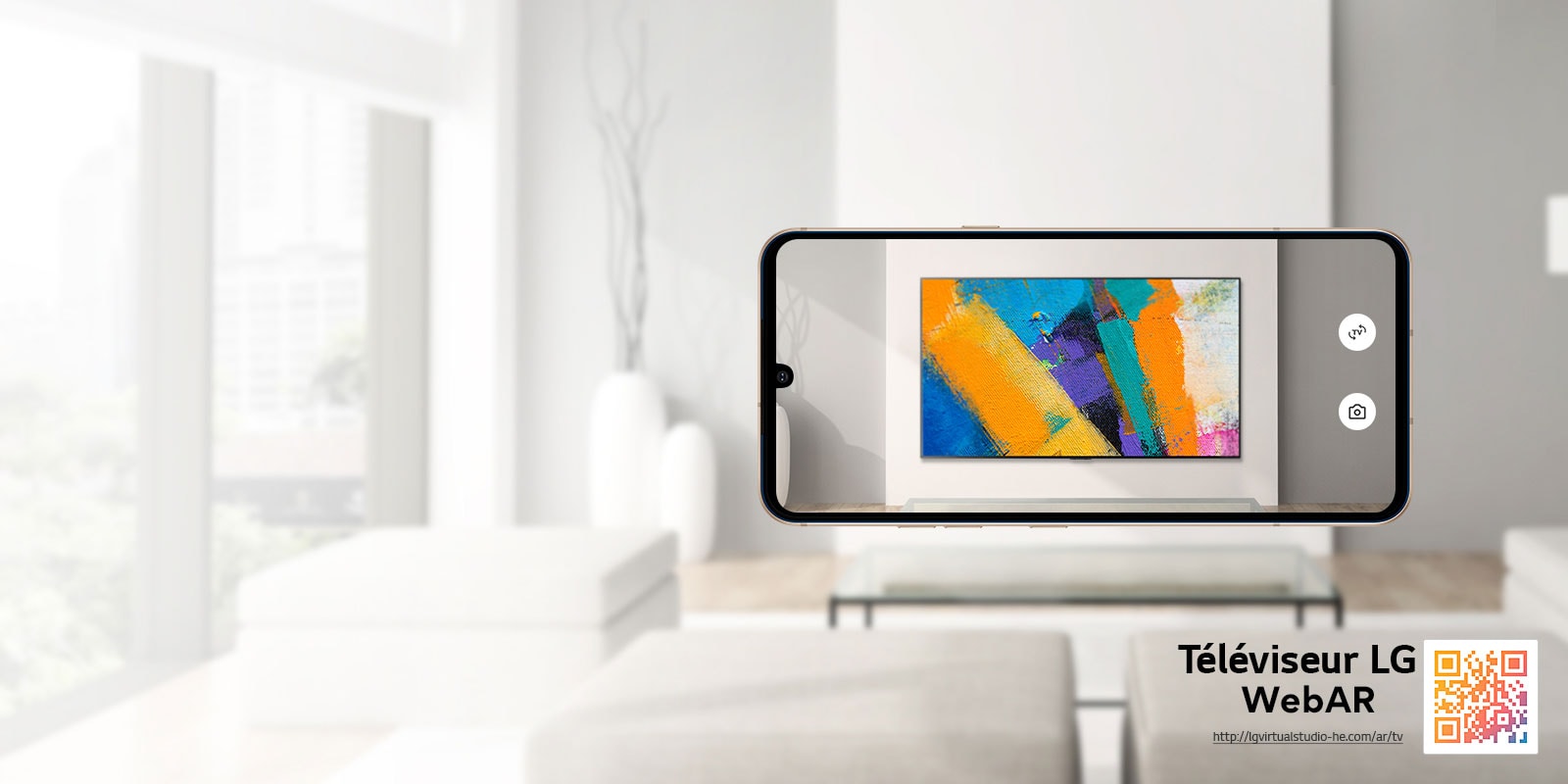 Ceci est une simulation Web AR des images du téléviseur LG OLED. Des images d’un téléphone portable se superposent dans un espace minimaliste. Il y a un code QR en bas à droite.